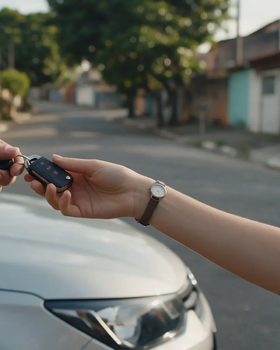 Mãos passando a chave de um carro sobre o capô